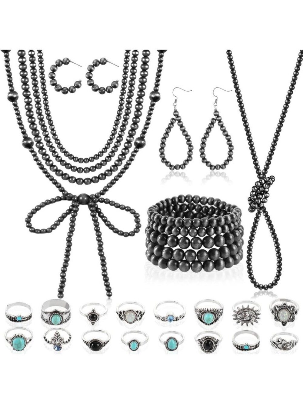 28Pcs Western Turquoise Beaded Jewelry Set - Choker, Bracelets & Dangle Earrings